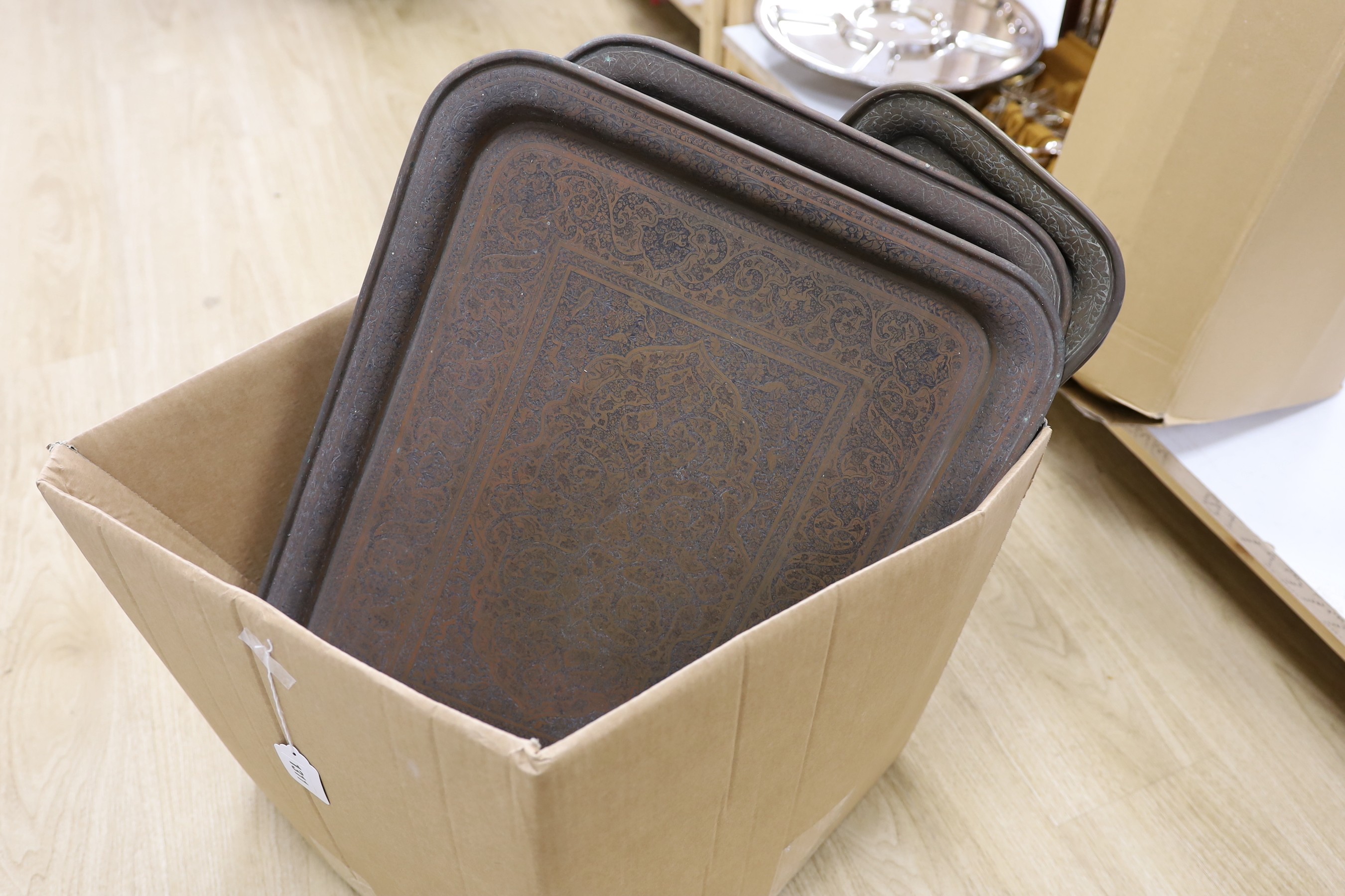 A group of assorted metalware including Indian and Persian trays
